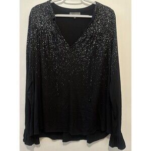 Michael Stars Black Speckled V-Neck Blouse Size L Made USA Rayon Stretch